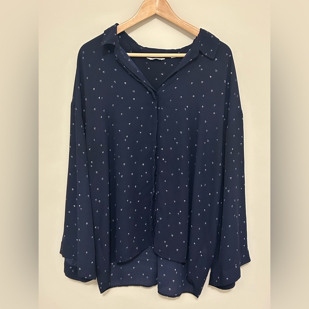 Reitmans Navy Button Down Shirt with Pattern Size 2X